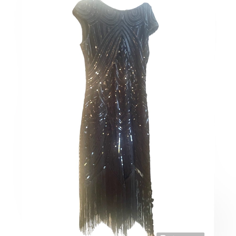 Black long sequin fringed dress very fancy